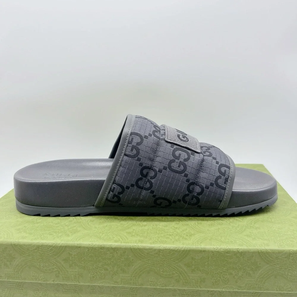 GUCCI Mens GG LOGO Ripstop Monogram Gray Slides Sandals 771466 Men UK 12 US 12.5